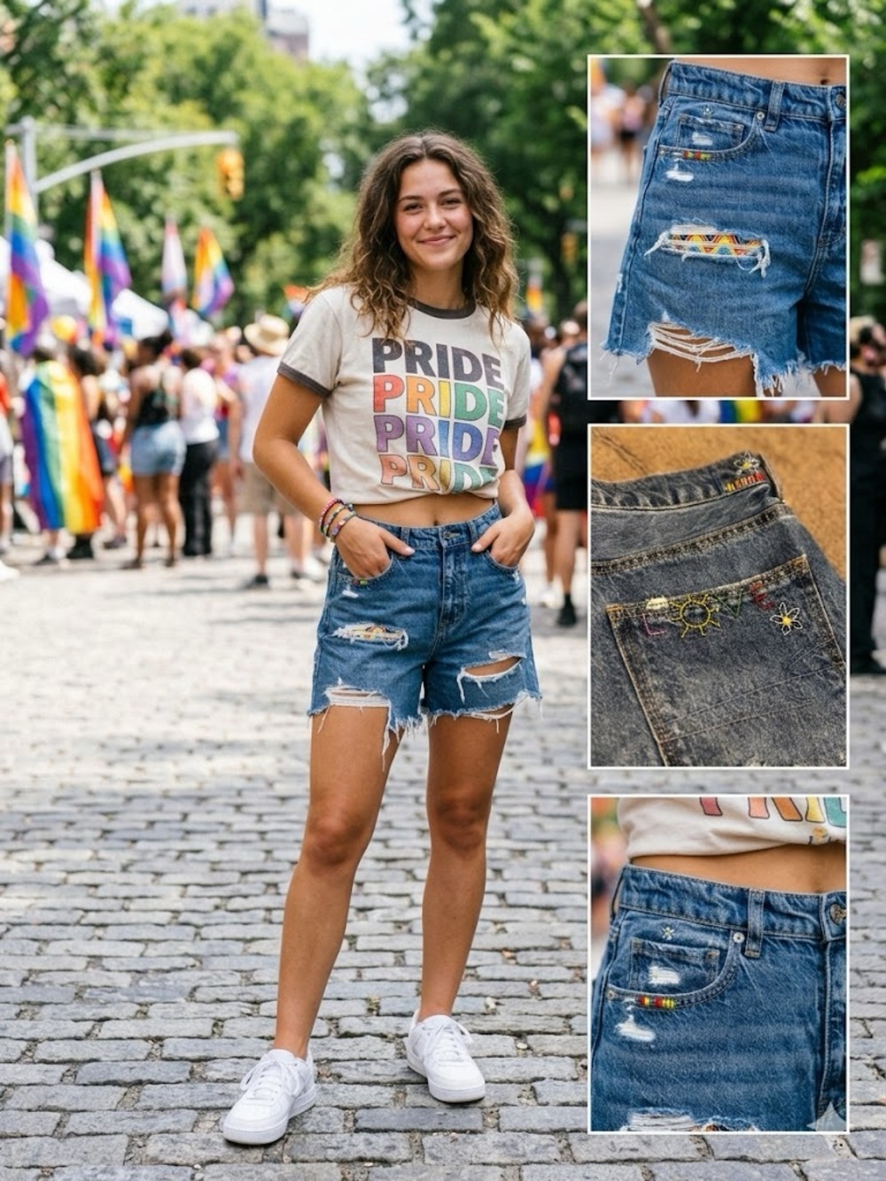 American Eagle Outfitters Blue Distressed Denim Shorts with Rainbow Stitching 8